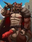 abs animal_genitalia animal_penis anthro balls belt big_balls big_penis blue_eyes brown_body brown_fur canine_genitalia canine_penis cloak clothed clothing dagger erection fur genitals harness holding_melee_weapon holding_object holding_sword holding_weapon knot looking_at_viewer male melee_weapon muscular muscular_anthro muscular_male nipples partially_clothed penis skimpy solo standing sword sword_over_shoulder weapon yonsia canid canine canis mammal wolf hi_res