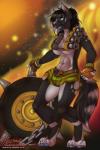 anthro big_breasts blue_eyes blue_nose blue_tongue bottomwear breasts chain cleavage clothed clothing cosplay explosives female fire grenade grenade_belt pants paws rip-tire smile smiley_face solo spikes tongue topless under_boob weapon azaleesh blizzard_entertainment overwatch becky_(coltron20) junkrat_(overwatch) canid canine canis mammal wolf 2:3 hi_res