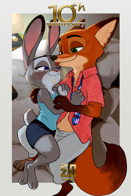 3_toes 4_fingers anthro anthro_on_anthro bed bodily_fluids bottomwear brown_body brown_fur clothed clothing collared_shirt dress_shirt duo feet female female_anthro fingers fur furniture green_eyes grey_body grey_fur inside interspecies long_ears lying male male/female male_anthro multicolored_body multicolored_fur necktie on_bed on_side orange_body orange_fur pillow predator/prey purple_eyes scut_tail shirt short_tail shorts sweat tail tan_body tan_fur toes topwear zigrock001 disney zootopia judy_hopps nick_wilde canid canine european_rabbit fox lagomorph leporid mammal oryctolagus rabbit red_fox true_fox 2:3 absurd_res hi_res