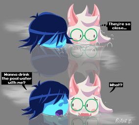 ambiguous_gender anthro bathing bathing_together blue_hair blush duo embarrassed eyewear fur glasses hair hot_spring male text water white_body white_fur robablo deltarune undertale_(series) kris_dreemurr ralsei bovid caprine goat human mammal absurd_res english_text hi_res