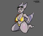 anthro big_breasts bikini breasts clothing cybernetic_arm cybernetic_limb ear_piercing ear_ring eyewear eyewear_on_head female goggles goggles_on_head gold_bikini gold_clothing gold_swimwear piercing ring_piercing solo swimwear thick_thighs two-piece_swimsuit switch_dog_(artist) golden_week ratchet_and_clank sony_corporation sony_interactive_entertainment rivet_(ratchet_and_clank) lombax mammal hi_res