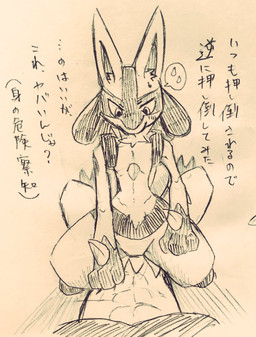 abs ambiguous_gender bodily_fluids duo featureless_crotch sitting spread_legs spreading straddling suggestive sweat text hado_luca nintendo pokemon generation_4_pokemon generation_5_pokemon lucario mammal pokemon_(species) zoroark 2017 hi_res japanese_text monochrome sketch traditional_media_(artwork) translated