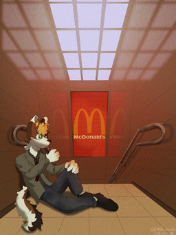 anthro black_clothing black_footwear black_shoes bottomwear brown_body brown_hair burger clothing denim denim_bottomwear denim_clothing eating floor food footwear fur green_eyes hair handrail jacket jeans male necktie pants reflection shirt shoes sitting sitting_on_ground solo tan_body tan_fur topwear white_body white_fur burritortilla mcdonald's milo_kim canid canine canis domestic_dog mammal 3:4 hi_res