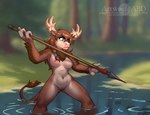 3_fingers anthro antlers breasts brown_body brown_fur brown_hair casual_nudity female fingers fishing forest fur genitals hair horn melee_weapon narrowed_eyes nature navel nipples nude outdoor_nudity outside partially_inside partially_submerged plant polearm pussy solo spear spearfishing standing standing_in_water tail text tree tribal water weapon abluedeer blizzard_entertainment warcraft mahasa_whitewater bovid bovine highmountain_tauren mammal tauren 2023 url watermark