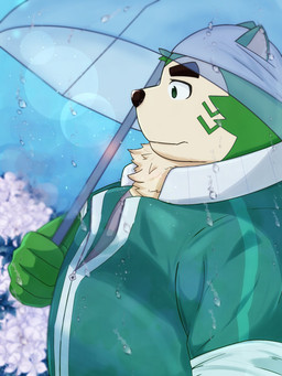 anthro belly big_belly black_nose green_body humanoid_hands kemono male outside overweight overweight_male raining solo umbrella guratan_wa lifewonders live_a_hero mokdai canid canine canis domestic_dog mammal 2022 3:4 hi_res
