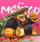 anthro clothed clothing facial_hair food hair horn jewelry male mexican_flag muscular mustache overweight overweight_male red_hair shell simple_background smile solo spikes tail text topwear said_the_saisio mario_bros nintendo bowser koopa scalie absurd_res digital_media_(artwork) hi_res