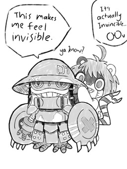 anthro armor duo eyewear goggles grin headgear helmet male smile text phantom_phony bandai_namco digimon digimon_beatbreak digimon_(species) gekkomon ludomon english_text hi_res monochrome