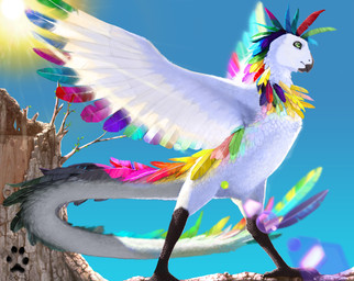 4_toes ambiguous_gender beak claws feathers feet feral green_eyes head_crest lens_flare long_tail multicolored_body multicolored_feathers outside shadow sky solo sun tail toes tree_stump white_body white_feathers wings fuzzle_(artist) avian 2013 watermark