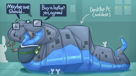 belly big_belly computer electronics eyewear feral feral_pred glasses green_background group inside male male_pred object_vore overweight simple_background speech_bubble text vore denaturedalbumin reptile scalie snake 2024 hi_res