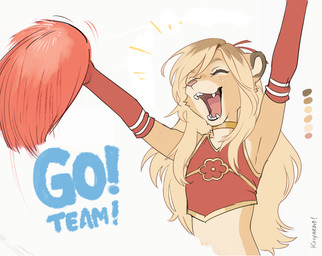 adolescent anthro cheerleader cheerleader_outfit clothed clothing crossdressing crossdressing_male eyes_closed femboy fur hair long_hair male midriff multicolored_body multicolored_fur open_mouth pink_nose pom_poms simple_background skimpy sleeveless_topwear slim slim_anthro slim_male solo tan_body tan_fur text two_tone_body two_tone_fur young young_anthro young_male koiyaroid femboy_lion_(koiyaroid) felid lion mammal pantherine 2026 artist_name digital_media_(artwork) english_text