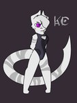 anthro clothing female fur grey_body grey_fur grey_hair hair hair_over_eye hands_behind_back long_tail one-piece_swimsuit pupils purple_background purple_eyes simple_background slit_pupils solo swimwear tail white_body white_fur dirtkat taihou_(dirtkat) 3:4