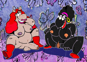 afro anthro balls belly big_balls big_belly big_breasts big_penis black_hair breasts duo erect_nipples female foreskin genitals gynomorph hair intersex lipstick looking_at_viewer makeup nipples overweight overweight_female overweight_gynomorph overweight_intersex penis red_hair smile divinitydivision roxxred_(artist) fritz_the_cat bertha_(fritz) harriet_(fritz_the_cat) avian bird corvid corvus_(genus) crow equid equine horse mammal oscine passerine hi_res