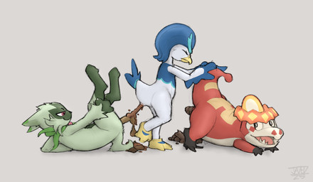 ambiguous_gender ambiguous_pooping anthro beak blue_body blue_feathers blue_tail_feathers cheek_tuft claws dipstick_ears ear_markings eyes_closed facial_tuft feathers feces feces_on_ground feces_pile feet feral fur green_body green_fur grey_background group leg_markings legs_up looking_back lying markings membrane_(anatomy) multicolored_ears narrowed_eyes on_back on_front open_mouth open_smile orange_body pooping pooping_on_another pooping_on_floor pooping_together red_body red_eyes scatplay sharp_teeth simple_background smile socks_(marking) tail tail_feathers teeth text toes trio tuft webbed_feet white_body white_feathers yellow_beak jadeder nintendo pokemon crocalor floragato generation_9_pokemon pokemon_(species) quaxwell 2026 artist_name dated hi_res