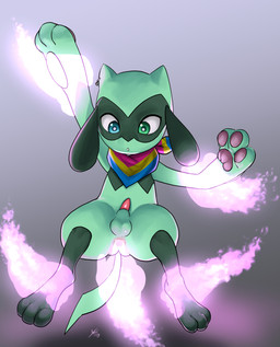 anal anal_fingering animal_genitalia anthro balls disembodied_hand fingering genitals ghost_hand green_body heterochromia lgbt_pride male pansexual_pride_colors pawpads penis pride_colors restrained sheath solo tail young young_anthro young_male aogami nintendo pokemon generation_4_pokemon pokemon_(species) riolu absurd_res hi_res