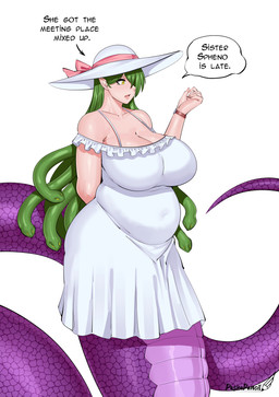 apode belly big_breasts breasts clothing dress female green_hair hair hat headgear headwear huge_breasts humanoid_pointy_ears legless living_hair pointy_ears pseudo_hair purple_body purple_scales scales serpentine slightly_chubby snake_hair solo split_form text yellow_eyes pashapencil european_mythology greek_mythology mythology euryale draconcopode gorgon humanoid lamia reptile scalie snake 2025 absurd_res english_text hi_res