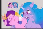 blue_hair duo fainting female feral gradient_hair hair headpiece holding_character hooves leg_markings markings socks_(marking) tongue tongue_out aztrial hasbro mlp_g5 my_little_pony izzy_moonbow_(mlp) pipp_petals_(mlp) equid equine mammal hi_res redraw