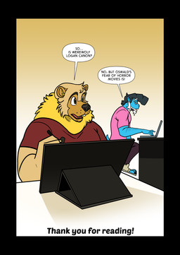 anthro artist black_border border breaking_the_fourth_wall computer dialogue dialogue_box drawing_tablet electronics facial_scar laptop male pompadour scar speech_bubble text writer thekinkybear mythology karou_(thekbear) kori_(monkeydbax) american_black_bear bear black_bear dragon kermode_bear mammal mythological_creature mythological_scalie scalie ursine absurd_res comic english_text hi_res