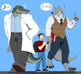 after_transformation anthro backpack book cellphone claws clothed clothing coat dialogue discussion electronics group lab_coat male necktie pawpads phone scales sharp_teeth simple_background smartphone student teacher teeth topwear trio twom_designs mythology dr._alexander_gray canid canine canis crocodilian human mammal mythological_canine mythological_creature reptile scalie werecanid werecanine werecreature werewolf wolf hi_res