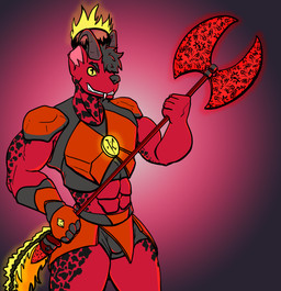 abs anthro armor axe battle_axe bottomwear clothing crop_top crown double_bitted_axe fire floating_crown glowing headgear hell horn hotpants male melee_weapon muscular muscular_anthro muscular_male shirt shorts simple_background solo spots topwear weapon zenarator demon hyena mammal absurd_res hi_res