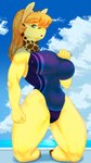 2019 5_fingers absurd_res anthro beach big_breasts breasts cat_pepper clothed clothing female fingers fur giraffe giraffid green_eyes hair hi_res kemono kneeling long_hair long_neck mammal memura_(cat_pepper) one-piece_swimsuit open_mouth orange_hair outside seaside solo sport_swimsuit swimwear thick_thighs wet yellow_body yellow_fur