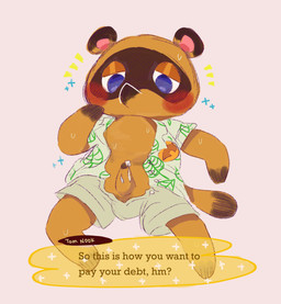 aloha_shirt anthro blue_eyes blush bodily_fluids bottomwear chibi clothed clothing cum genital_fluids genitals male open_clothing open_shirt open_topwear pattern_clothing pattern_shirt pattern_topwear penis shirt shorts simple_background slightly_chubby solo sweat text topwear meljellow animal_crossing nintendo tom_nook_(animal_crossing) canid canine mammal raccoon_dog tanuki 2020 english_text hi_res