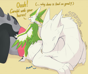 4_ears ^w^ ambiguous_gender anthro blush cock_vore duo eyes_closed feral genitals grey_body horn male male/ambiguous multi_ear penetration penile penis ridiculous_fit size_difference smaller_pred spines streched stretched_urethra tail tapering_penis text urethra urethral vore willing_prey accadurosoce mythology selicia_(chomanderjake) avali dragon mythological_creature mythological_scalie scalie colored english_text hi_res