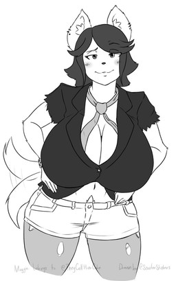 anthro big_breasts blush blush_lines bottomwear breasts cleavage clothed clothing crotch_tuft eye_through_hair eyebrow_through_hair eyebrows female hair hand_on_hip huge_breasts inner_ear_fluff looking_at_viewer navel raised_eyebrow shirt shorts simple_background solo tail tail_motion tailwag text topwear torn_clothing torn_shirt torn_topwear translucent translucent_hair tuft untied_necktie scooterstickers maggie_applebee canid canine canis domestic_dog mammal artist_name character_name digital_drawing_(artwork) digital_media_(artwork) greyscale hi_res monochrome portrait source_request three-quarter_portrait