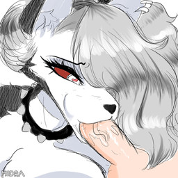 anthro big_breasts black_body black_fur black_nose breasts collar disembodied_penis duo eyelashes fellatio female fur genitals grey_hair hair hair_over_eye heart_eyes heart_symbol male male/female oral penile penis red_sclera sex simple_background spiked_collar spikes white_background white_body white_eyes white_fur midra hellaverse helluva_boss mythology loona_(helluva_boss) canid canid_demon canine demon hellhound mammal mythological_canine mythological_creature 1:1 hi_res