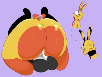 anthro balls big_balls big_butt black_body bodily_fluids butt cum cum_inside duo ejaculation female from_front_position genital_fluids genitals heart_symbol huge_butt male mating_press penis scut_tail sex short_tail tail tongue tongue_out yellow_body trabbitwax conelia_(rabbit5gamer) lagomorph leporid mammal rabbit hi_res