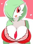 2020 3:4 big_breasts bra breasts cleavage clothed clothing female gardevoir generation_3_pokemon green_hair hair heart_symbol hi_res huge_breasts looking_aside nintendo open_mouth pokemon pokemon_(species) red_bra red_clothing red_eyes red_underwear runbasamba simple_background solo underwear