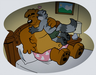 anthro bed belly butt clothing duo eyes_closed furniture heart_symbol hug kissing male male/male navel overweight overweight_male pillow sitting underwear tony_comics tonycomics tony_(tonycomics) bear mammal procyonid raccoon 2015