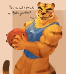 anthro ball basketball_(ball) big_muscles blush bottomless clothed clothing dialogue eyebrows flaccid fur genitals holding_ball holding_object humanoid_genitalia humanoid_penis humor inviting looking_at_viewer male muscular muscular_anthro muscular_male one_eye_closed open_mouth open_smile penis penis_base shirt simple_background smile solo standing talking_to_viewer tan_background tank_top teeth text tongue topwear tuft vein veiny_penis wink wulfer-shepherd animal_crossing nintendo tybalt_(animal_crossing) felid mammal pantherine tiger 2021 english_text hi_res