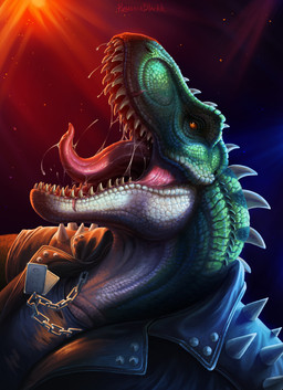anthro bodily_fluids clothing jacket leather leather_clothing leather_jacket leather_topwear looking_aside male open_mouth saliva saliva_string side_view solo teeth tongue tongue_out topwear deltablackk rocco_(tallion) dinosaur prehistoric_species reptile scalie hi_res