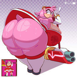 accessory anthro armwear bent_over big_breasts big_butt bodily_fluids boots breasts butt cleavage cleavage_overflow clothed clothing dress exclamation_point female footwear fur gloves hair hair_accessory hairband hammer handwear holding_object holding_weapon huge_breasts huge_butt long_hair looking_back nipple_slip no_underwear pink_body pink_fur pink_hair pink_tail red_clothing red_dress red_hairband red_topwear shoes solo sweat sweaty_butt tail thick_thighs tools topwear upskirt weapon white_armwear white_boots white_clothing white_footwear white_gloves white_handwear gabartz sega sonic_the_hedgehog_(series) amy_rose eulipotyphlan hedgehog mammal 2026 absurd_res digital_media_(artwork) hi_res