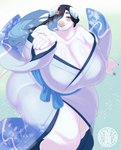 anthro asian_clothing big_breasts black_hair blue_clothing blue_eyes blue_hair blue_kimono blue_lips blue_nails breasts cleavage clothed clothing colored_nails curvy_figure ears_down east_asian_clothing female fingernails fur hair hair_over_eye half-closed_eyes huge_breasts japanese_clothing kimono lips logo looking_at_viewer nails narrowed_eyes one_eye_obstructed pink_nose pivoted_ears smile solo thick_thighs voluptuous white_body white_fur wide_hips sasanoha6011 domestic_pig mammal suid suine sus_(pig) absurd_res artist_logo hi_res