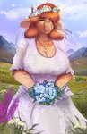 anthro big_breasts bodily_fluids breasts brown_eyes cleavage clothed clothing dress female floral flower flower_crown flower_garland freckles garland grass hair horn jewelry mountain necklace orange_hair plant solo tears valley wedding wedding_dress ardail changeling_tale marion_(changeling_tale) bovid bovine cattle mammal absurd_res hi_res