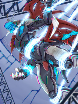 animal_genitalia anthro armor bdsm becoming_erect bodily_fluids bondage bound cable claws clenched_teeth dripping electricity eyeless genital_fluids genital_slit genitals grey_body half-erect hands_tied leaking_precum legs_tied male membrane_(anatomy) membranous_wings notched_wings penis penis_poking_out penis_tip precum precum_drip precum_on_penis precum_string restrained restraints teeth teeth_showing whip wings aktiloth bandai_namco digimon mythology cyberdramon digimon_(species) dragon mythological_creature mythological_scalie scalie 3:4 absurd_res digital_media_(artwork) hi_res