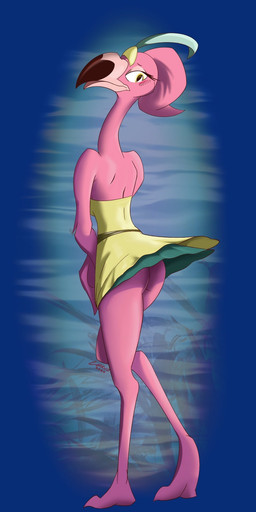 anthro blush breasts butt butt_pose clothed clothing eyelashes feathers female looking_at_viewer looking_back looking_back_at_viewer non-mammal_breasts pink_body pink_feathers pose shy solo upskirt corrvo brand_new_animal studio_trigger the_pink_flamingos_(brand_new_animal) avian bird flamingo 2020 dated digital_media_(artwork) hi_res shaded signature