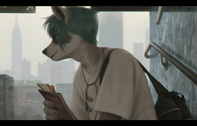 anthro backpack black_bars black_nose blue_eyes blue_hair brown_body brown_fur clothed clothing detailed_background fur hair holding_object sky smile solo text whiskers white_body white_fur terry_grimm mammal 2019 digital_media_(artwork) english_text letterbox