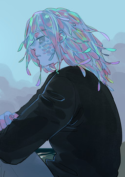 ambiguous_gender blue_body blue_skin bottomwear clothed clothing feathers hair iridescent iridescent_hair not_furry pants scales solo starfleetrambo siren_and_scientist oskar_(starfleetrambo) animal_humanoid aquatic aquatic_humanoid fish fish_humanoid humanoid oarfish_humanoid siren digital_media_(artwork) hi_res trans_(lore) trans_man_(lore)
