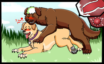 4_legs 4_toes animal_genitalia animal_penis ass_up blush bodily_fluids brown_body canine_genitalia canine_penis collar cum cum_in_uterus cum_inside detailed_background digit_ring duo ejaculation erection feet female female_penetrated feral feral_on_feral feral_penetrated feral_penetrating feral_penetrating_feral four-legged from_behind_position genital_fluids genitals grass heart_symbol i_love_you impregnation internal jewelry knot knotted_penis knotting looking_back looking_pleasured male male/female male_penetrating male_penetrating_female married_couple mounting outside ovum ovum_with_heart penetration penile penile_penetration penis plant quadruped raised_leg ring sex toes tongue tongue_out toony tuft uterus vaginal vaginal_knotting vaginal_penetration wedding_ring yellow_body thediamonddustt pixie_and_brutus dustin_(thediamonddustt) lola_(pixie_and_brutus) bird_dog canid canine canis domestic_dog golden_retriever hunting_dog labrador mammal retriever shaded