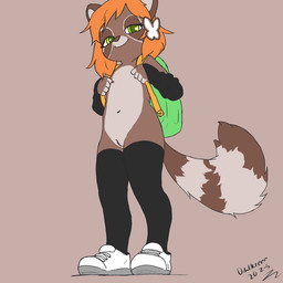 anthro arm_warmers armwear backpack belly biped brown_body brown_fur butterfly_(accessory) clothing female fluffy fluffy_tail footwear fur genitals green_eyes hair legwear loli looking_at_viewer low-angle_view mostly_nude navel nipples orange_hair shoes sneakers solo tail thigh_highs vulva young young_anthro young_female oddscreen mammal procyonid raccoon 1:1