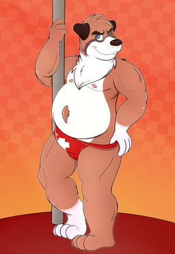 anthro belly brown_body brown_fur bulge clothed clothing fur male moobs nipples one_eye_closed overweight overweight_anthro overweight_male pole solo stripper stripper_pole topless underwear wink calzone_(artist) canid canine canis domestic_dog mammal molosser mountain_dog saint_bernard 2015 hi_res