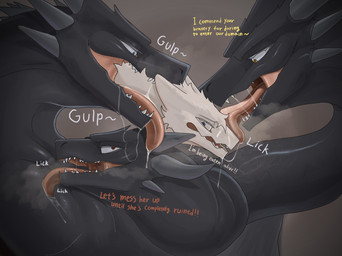 black_body bodily_fluids dialogue feral fur group head_in_mouth licking mawplay onomatopoeia oral_head_gulp oral_vore saliva sound_effects text tongue vore white_body white_fur softceiling european_mythology greek_mythology mythology ciel_(softceiling) dragon hybrid hydra mythological_creature mythological_scalie scalie sergal english_text hi_res