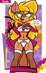 anthro blonde_hair bottomwear bottomwear_down bra breasts brown_body clothed clothing eyewear female glasses green_eyes hair lingerie long_hair panties skirt_down solo underwear undressing upshirt sparksaxel hanna-barbera swat_kats callie_briggs domestic_cat felid feline felis mammal absurd_res hi_res