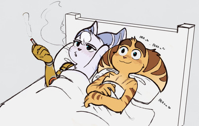 after_sex after_sex_smoking anthro bed bed_sheet bedding bite_mark bite_mark_on_arm blush chest_tuft cigarette cybernetic_arm cybernetic_limb duo eyebrows female fur furniture hair happy head_tuft lying lying_on_bed male male/female on_back on_bed pillow pink_nose purring scratch_mark smile smoking smoking_cigarette striped_body striped_fur stripes tuft white_body white_fur white_hair yellow_body yellow_fur time_fluffy500 ratchet_and_clank sony_corporation sony_interactive_entertainment ratchet_(ratchet_and_clank) rivet_(ratchet_and_clank) lombax mammal 2025