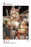 anthro clothing collar ear_piercing fingerless_gloves fur gloves hair handwear horn looking_at_viewer male multicolored_hair muscular muscular_anthro muscular_male orange_hair piercing selfie solo tan_body tan_fur tongue tongue_out two_tone_hair vein white_hair yellow_eyes insomnia_elliot arknights hypergryph instagram studio_montagne hung_(arknights) canid canine canis domestic_dog mammal 2023 hi_res