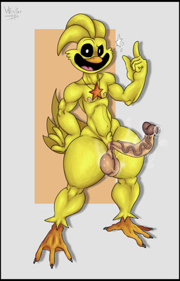 anthro athletic athletic_male balls beak big_balls black_border black_sclera bodily_fluids border bottom_heavy crossed_arms epididymis feathers genital_fluids genitals glans happy humanoid_genitalia humanoid_penis long_penis looking_at_viewer male nipples orange_beak penis precum pubes pubic_feathers simple_background solo star steam sweat sweaty_balls sweaty_genitalia tail tail_feathers thick_thighs vein veiny_penis yellow_body wilelter mob_entertainment poppy_playtime smiling_critters kickinchicken avian bird chicken galliform phasianid