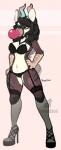 accessory anthro beak blowing_bubble_gum bra bubble bubble_gum candy clothing dessert female food garter gum hair hands_on_hips horn inflating lingerie panties solo standing underwear emberwood antelope avian bovid hybrid mammal hi_res