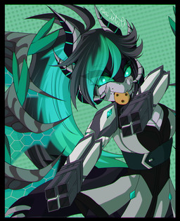 anthro belt black_border black_hair blue_eyes border clothing cookie dress female floating_wings food food_in_mouth gatling_gun gem grey_body gun gun_arm hair horn machine_gun minigun ranged_weapon solo unusual_anatomy unusual_wings weapon weapon_arm wings niitre mythology enfuria_the_dragon dragon mythological_creature mythological_scalie scalie hi_res signature